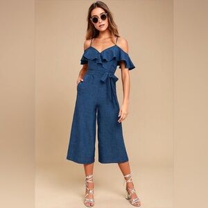 Lulus Lost in Love Dark Blue Off-the-Shoulder Midi Jumpsuit